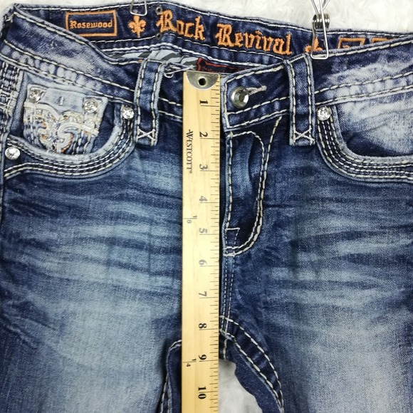 Rock Revival Womens Jeans Rosewood Skinny Blue Denim Distressed Jeweled Stone 26 - Picture 4 of 11